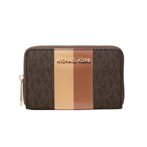 Michael Kors Jet Set Travel Medium Logo Stripe Zip Wallet – Brown/Gold - Picture 9 of 10